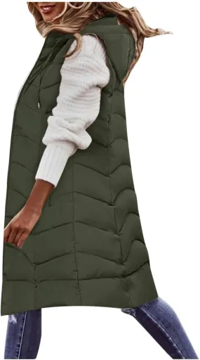 SACFOF Women's Long Puffer Vest Jacket Hoodies Full Zipper Sleeveless Down Coats Thickened Warm Windbreakers Outerwear