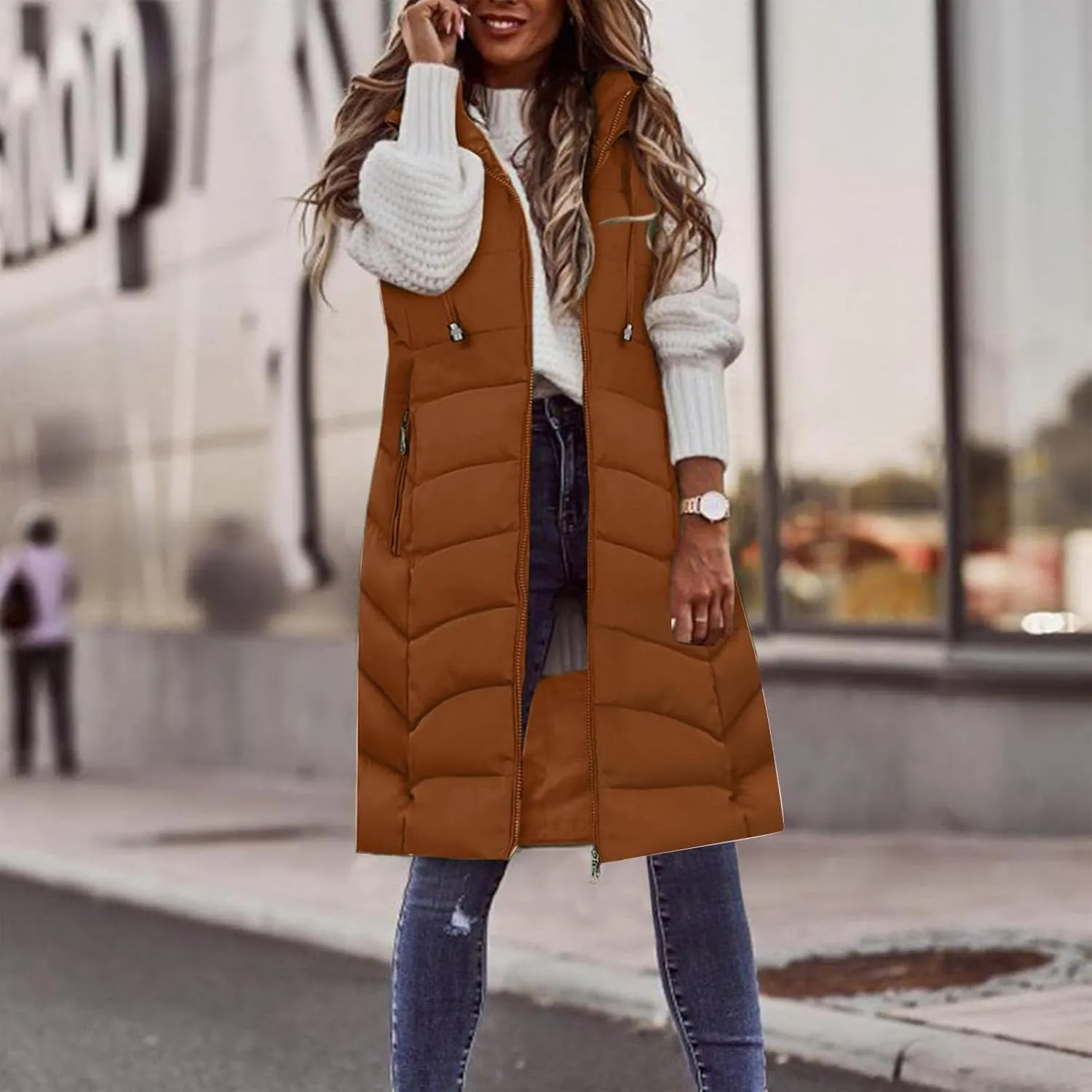 SACFOF Women's Long Puffer Vest Jacket Hoodies Full Zipper Sleeveless Down Coats Thickened Warm Windbreakers Outerwear