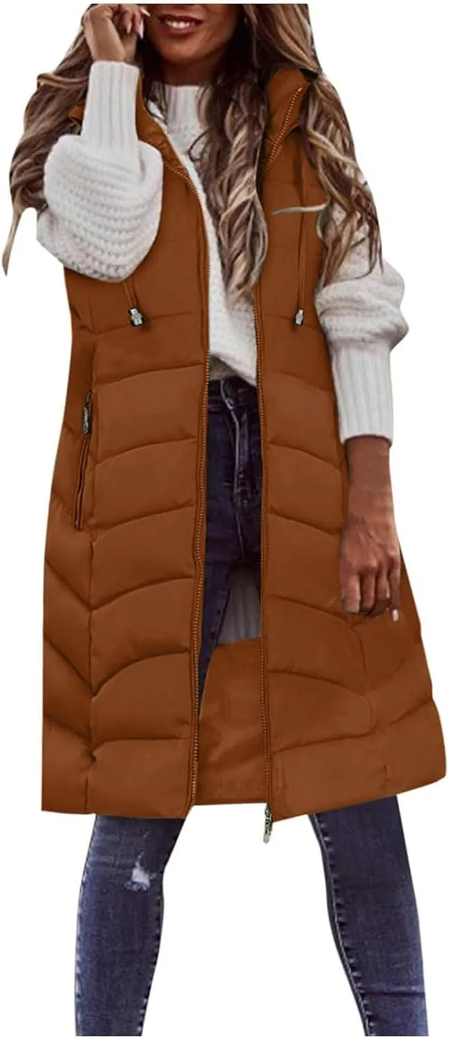 SACFOF Women's Long Puffer Vest Jacket Hoodies Full Zipper Sleeveless Down Coats Thickened Warm Windbreakers Outerwear