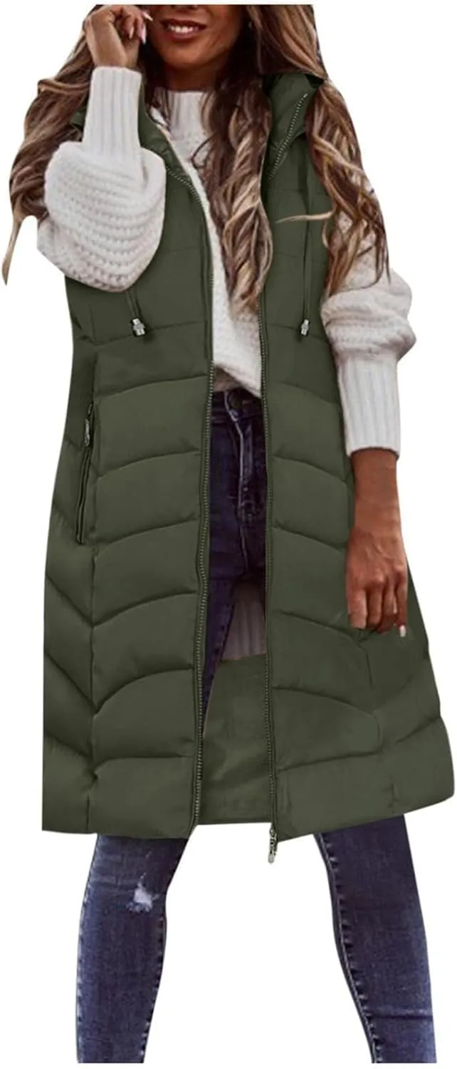 SACFOF Women's Long Puffer Vest Jacket Hoodies Full Zipper Sleeveless Down Coats Thickened Warm Windbreakers Outerwear