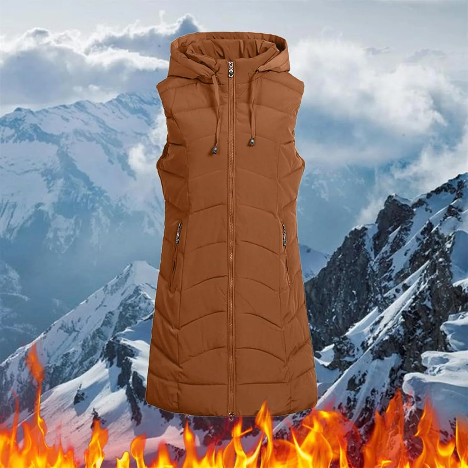 SACFOF Women's Long Puffer Vest Jacket Hoodies Full Zipper Sleeveless Down Coats Thickened Warm Windbreakers Outerwear