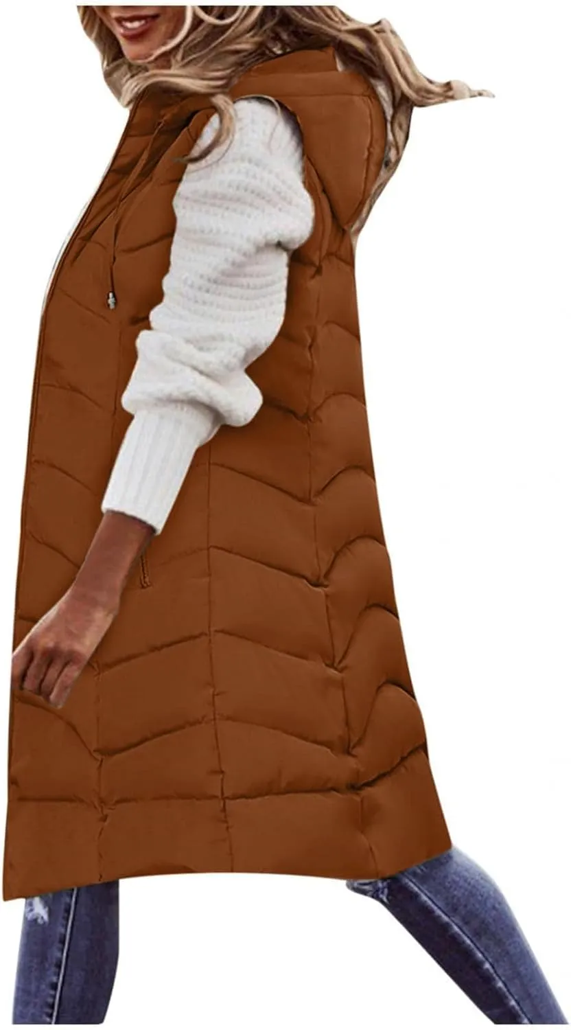 SACFOF Women's Long Puffer Vest Jacket Hoodies Full Zipper Sleeveless Down Coats Thickened Warm Windbreakers Outerwear
