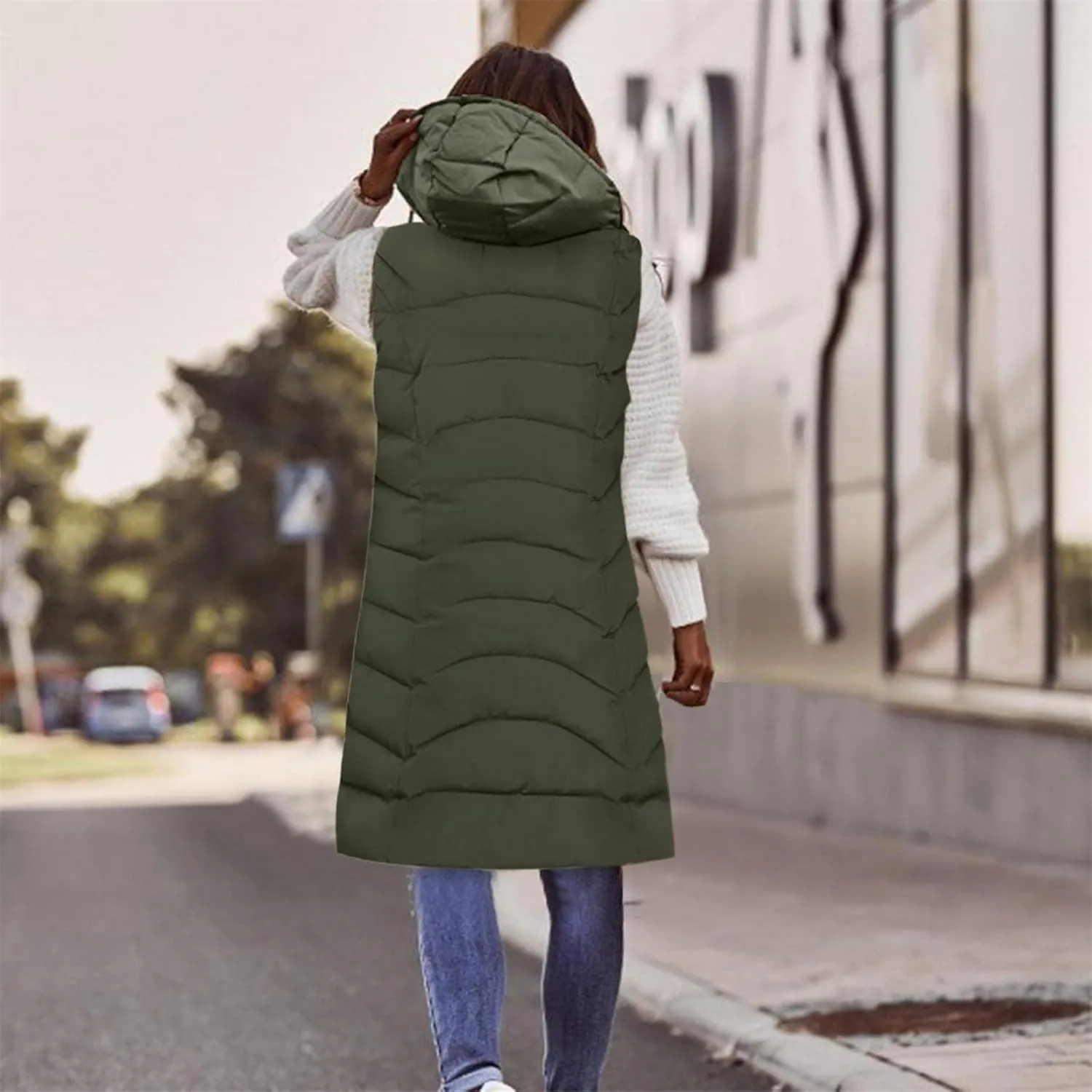 SACFOF Women's Long Puffer Vest Jacket Hoodies Full Zipper Sleeveless Down Coats Thickened Warm Windbreakers Outerwear