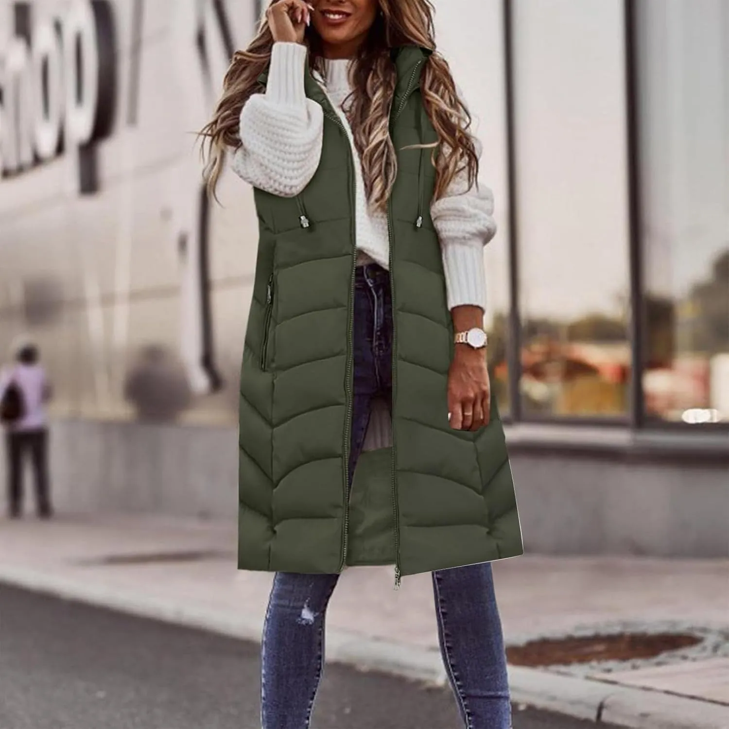 SACFOF Women's Long Puffer Vest Jacket Hoodies Full Zipper Sleeveless Down Coats Thickened Warm Windbreakers Outerwear