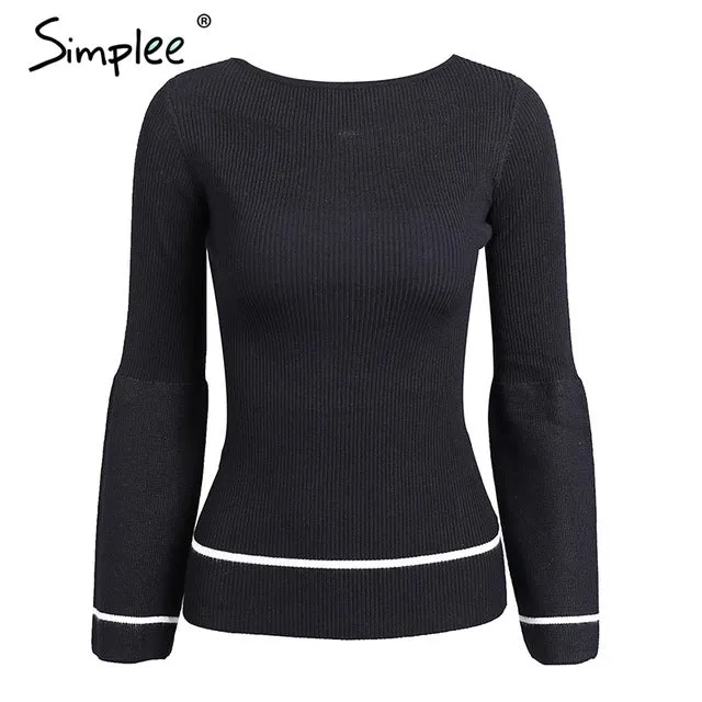Simplee Elegant knitted pullover sweater Women warm gray long sleeve jumper Autumn winter 2017 black knitting o neck pull femme