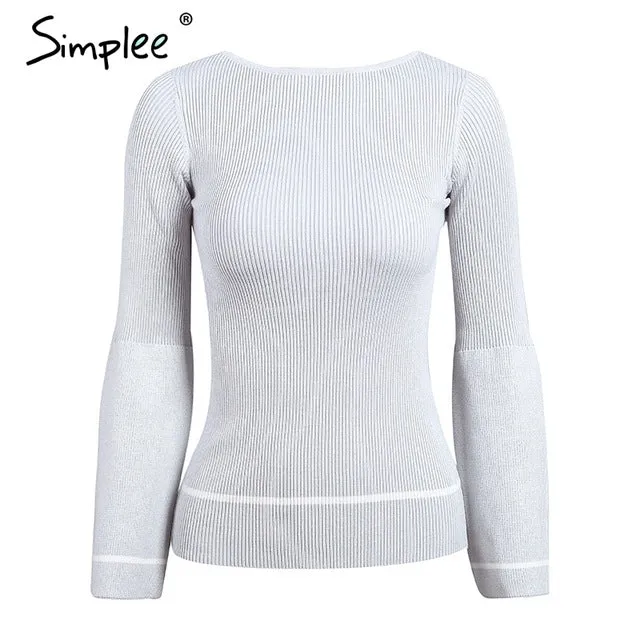 Simplee Elegant knitted pullover sweater Women warm gray long sleeve jumper Autumn winter 2017 black knitting o neck pull femme