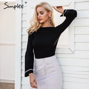 Simplee Elegant knitted pullover sweater Women warm gray long sleeve jumper Autumn winter 2017 black knitting o neck pull femme