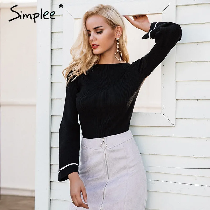 Simplee Elegant knitted pullover sweater Women warm gray long sleeve jumper Autumn winter 2017 black knitting o neck pull femme