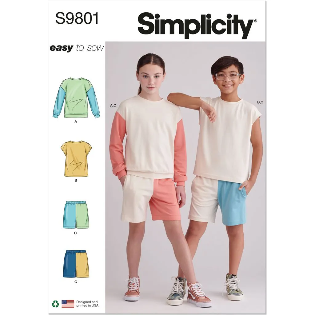 Simplicity Sewing Pattern S9801 Girls' and Boys' Sweatshirts and Shorts