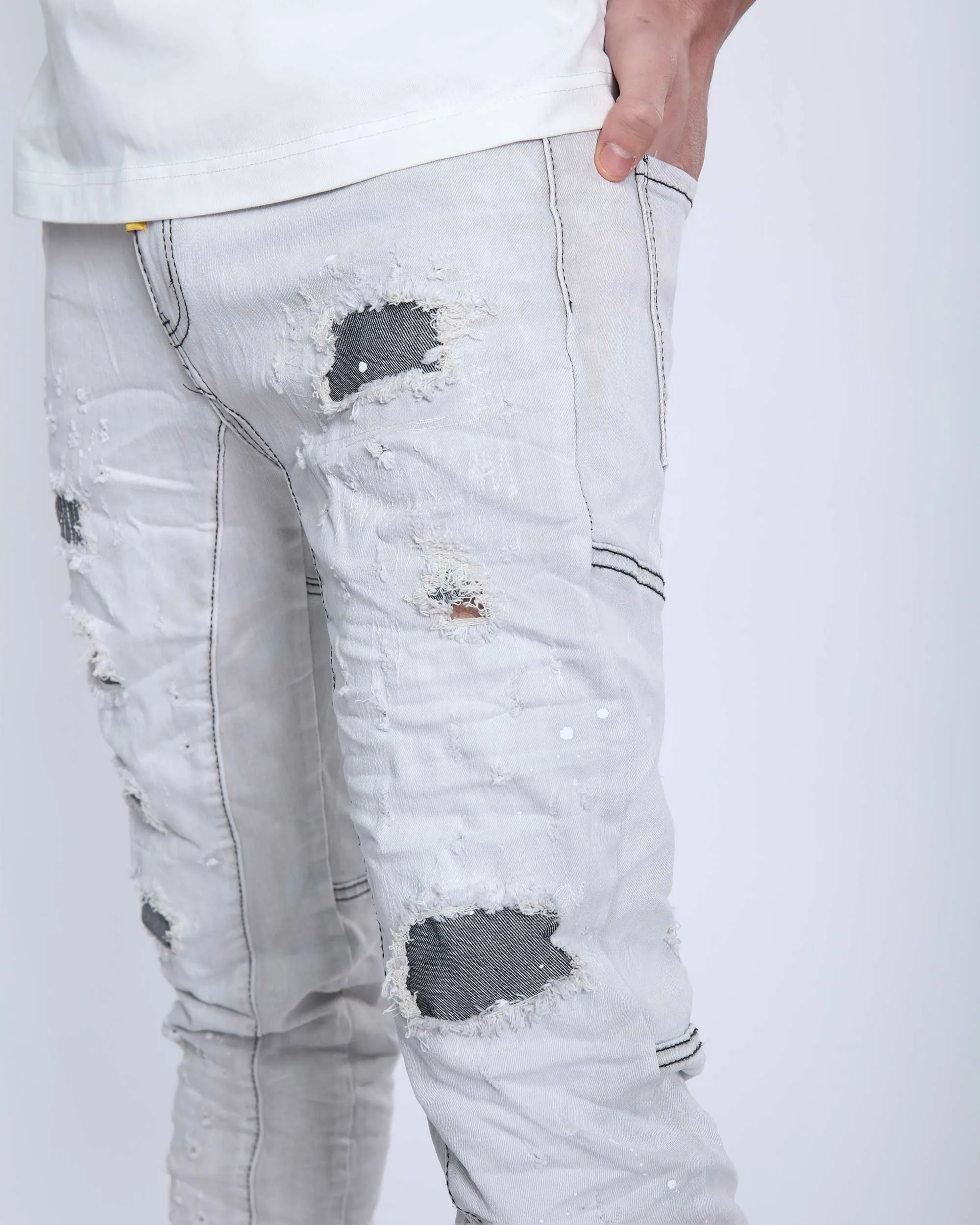 Slim Fit Gray Jeans with Rips, Patches, and Distressed Detailing-Mexico Local Delivery