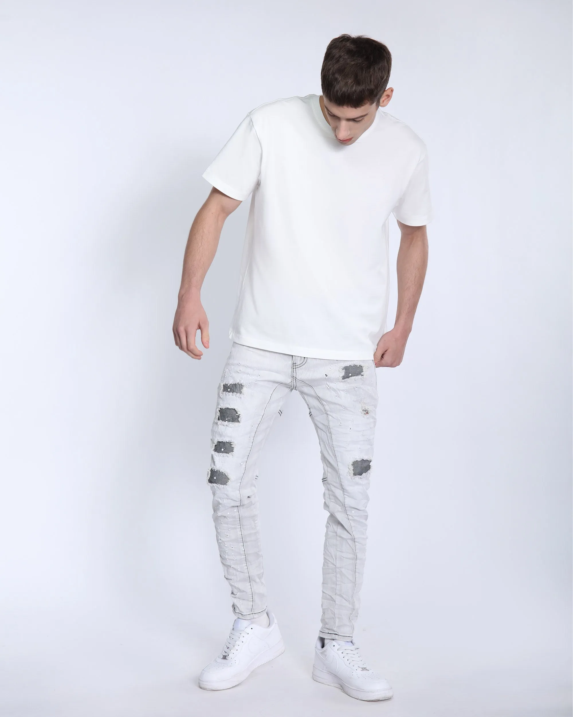 Slim Fit Gray Jeans with Rips, Patches, and Distressed Detailing-Mexico Local Delivery