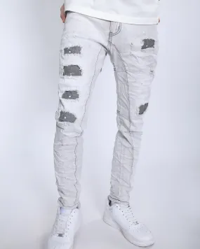 Slim Fit Gray Jeans with Rips, Patches, and Distressed Detailing-Mexico Local Delivery