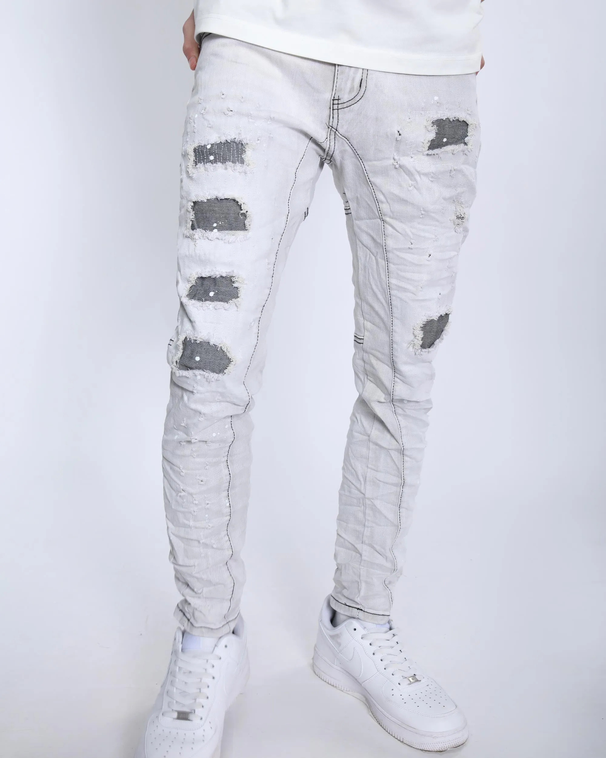Slim Fit Gray Jeans with Rips, Patches, and Distressed Detailing-Mexico Local Delivery