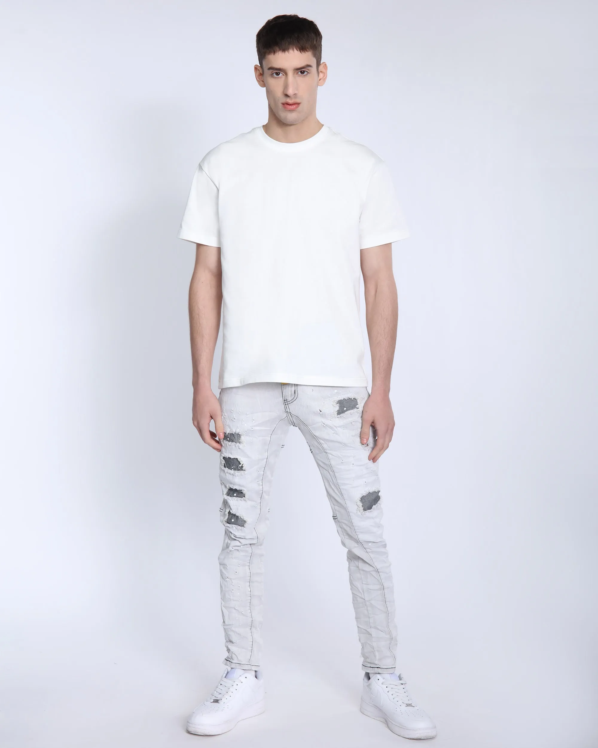 Slim Fit Gray Jeans with Rips, Patches, and Distressed Detailing-Mexico Local Delivery