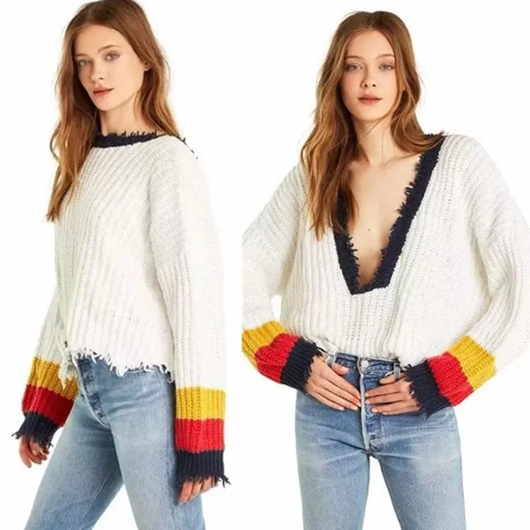 Solid Color Long Sleeve Deep V Neck Tassels Sweater