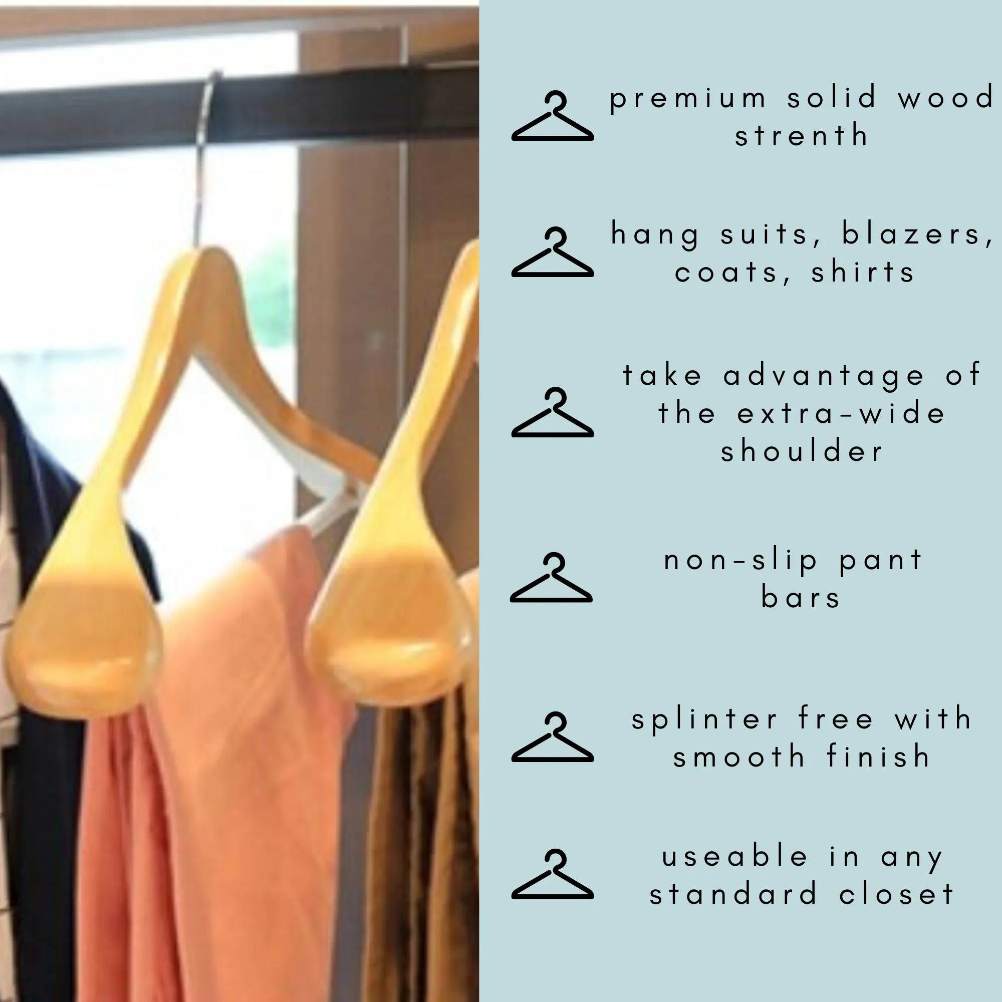 Solid Wood Extra-Wide Shoulder Coat Hangers - Set of 6 (Natural)