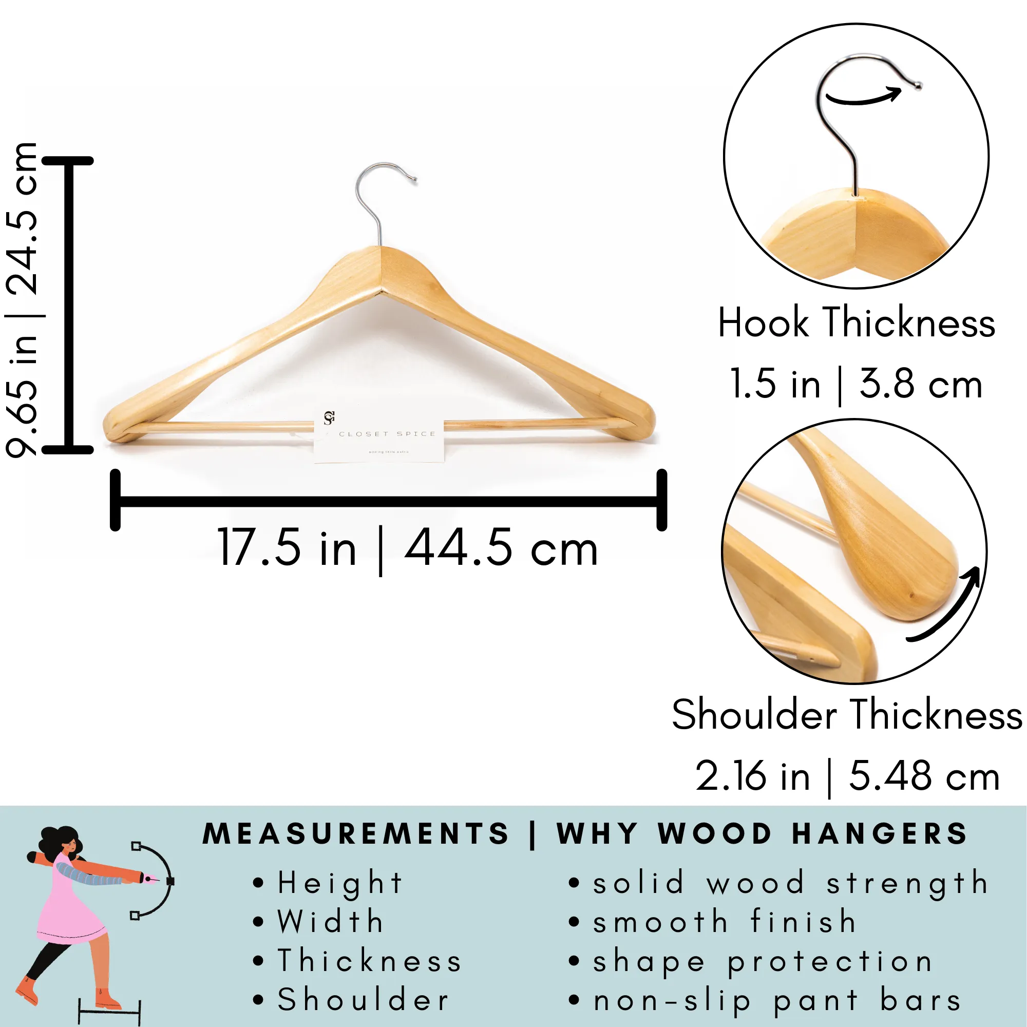 Solid Wood Extra-Wide Shoulder Coat Hangers - Set of 6 (Natural)