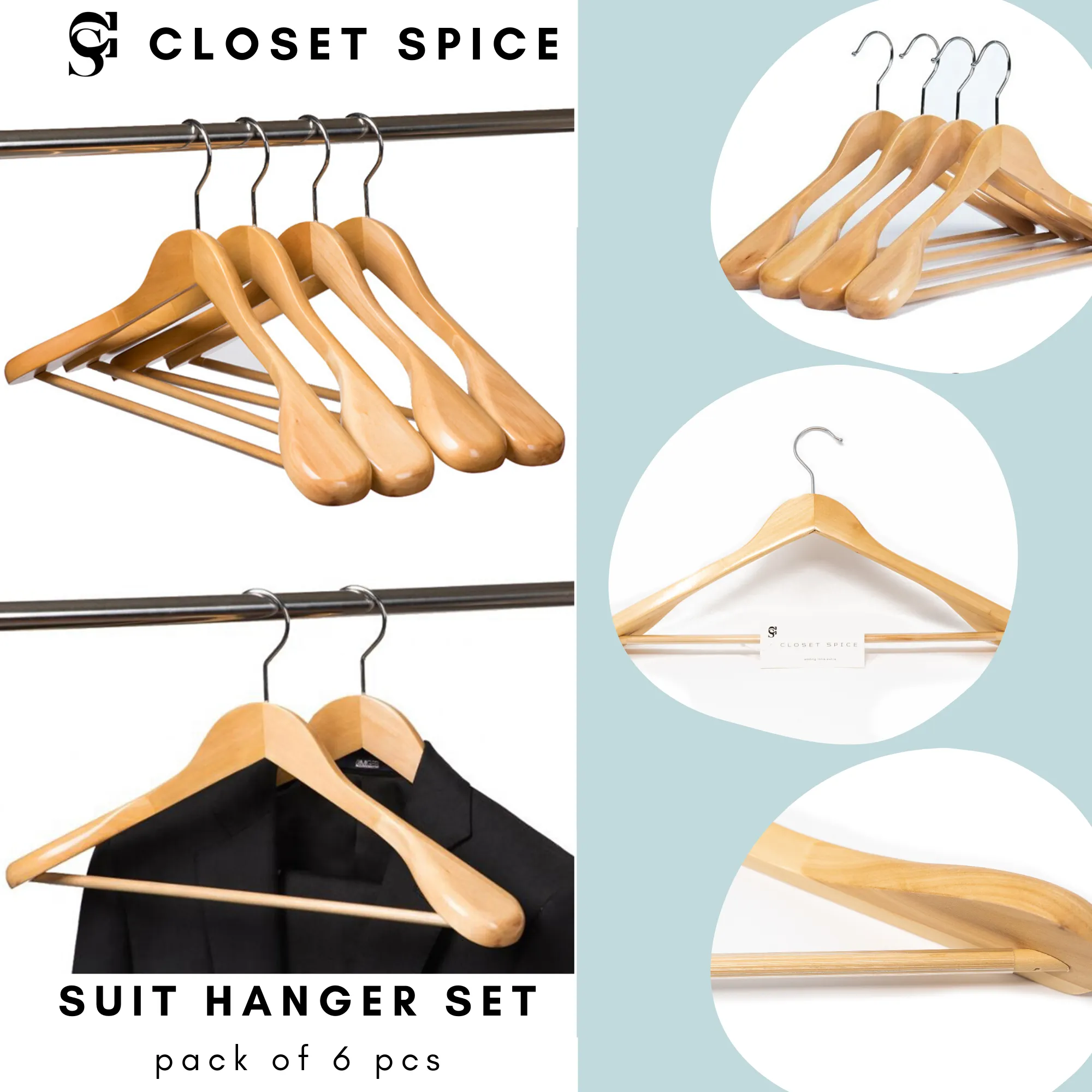 Solid Wood Extra-Wide Shoulder Coat Hangers - Set of 6 (Natural)