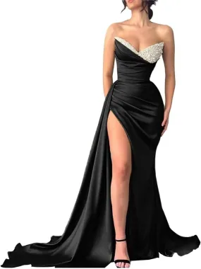 Strapless Mermaid Prom Dresses 2024 Long Sequin Beaded Satin V Neck Pleated Formal Dresses Evening Party Gowns with Slit