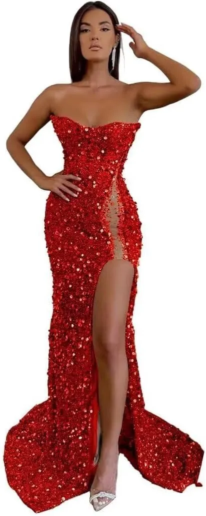 Strapless Prom Dresses 2025 Mermaid Sequin Sparkly Beaded Long Tube Sexy Sheer Sheath Evening Formal Party Dresses with Slit