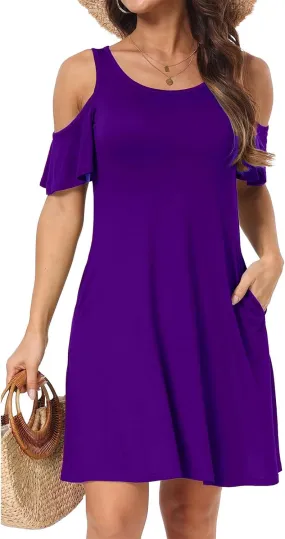Summer Dresses for Women 2025 Cold Shoulder Crewneck Swing Fashion Trendy Dressy Dresses with Pockets