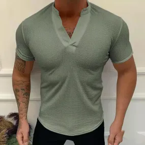 Summer Fashion T-Shirt Solid V-Neck Pullover Tops Men's Casual Short Sleeve Threaded Breathable Slim Tee Men Streetwear