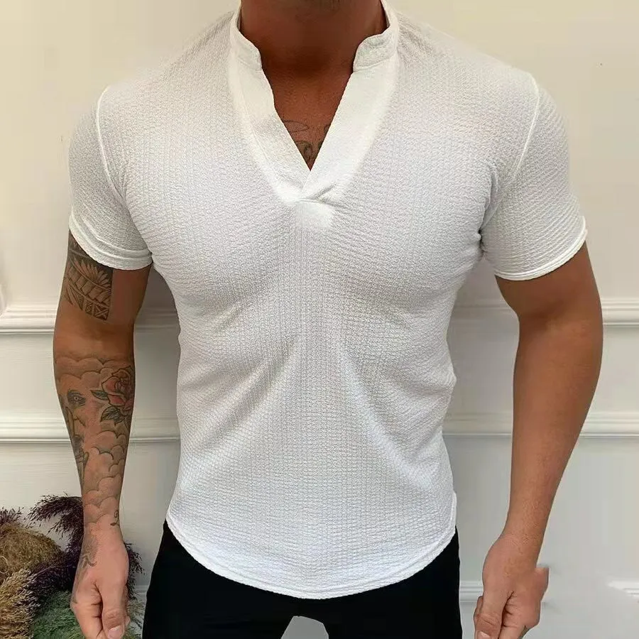 Summer Fashion T-Shirt Solid V-Neck Pullover Tops Men's Casual Short Sleeve Threaded Breathable Slim Tee Men Streetwear