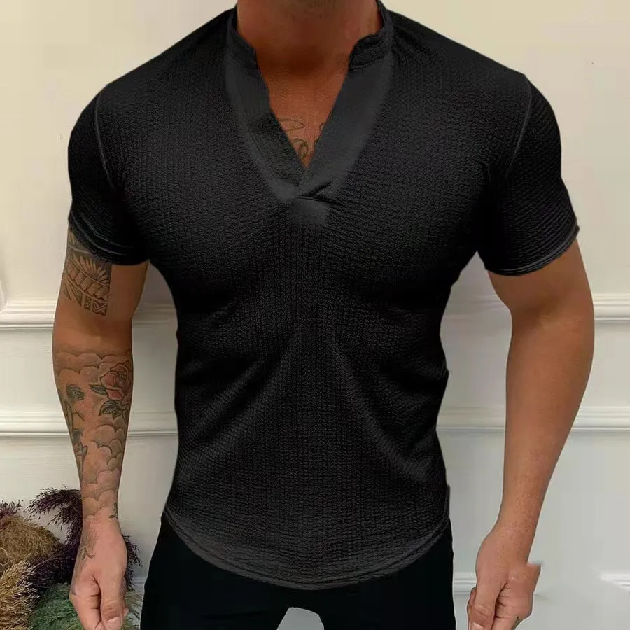 Summer Fashion T-Shirt Solid V-Neck Pullover Tops Men's Casual Short Sleeve Threaded Breathable Slim Tee Men Streetwear