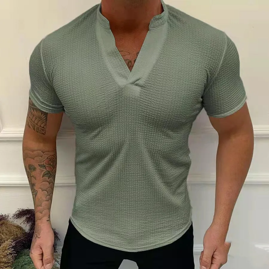 Summer Fashion T-Shirt Solid V-Neck Pullover Tops Men's Casual Short Sleeve Threaded Breathable Slim Tee Men Streetwear