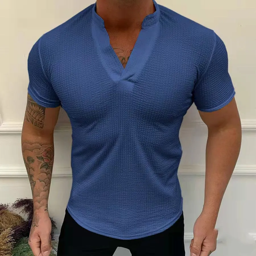 Summer Fashion T-Shirt Solid V-Neck Pullover Tops Men's Casual Short Sleeve Threaded Breathable Slim Tee Men Streetwear