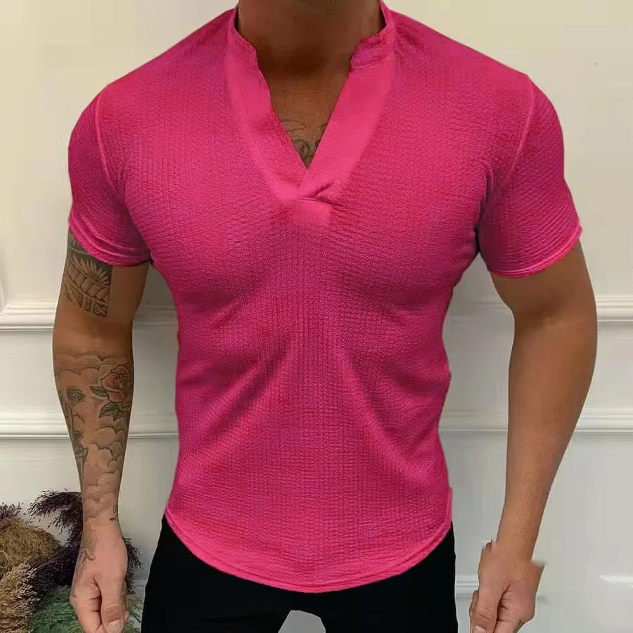 Summer Fashion T-Shirt Solid V-Neck Pullover Tops Men's Casual Short Sleeve Threaded Breathable Slim Tee Men Streetwear