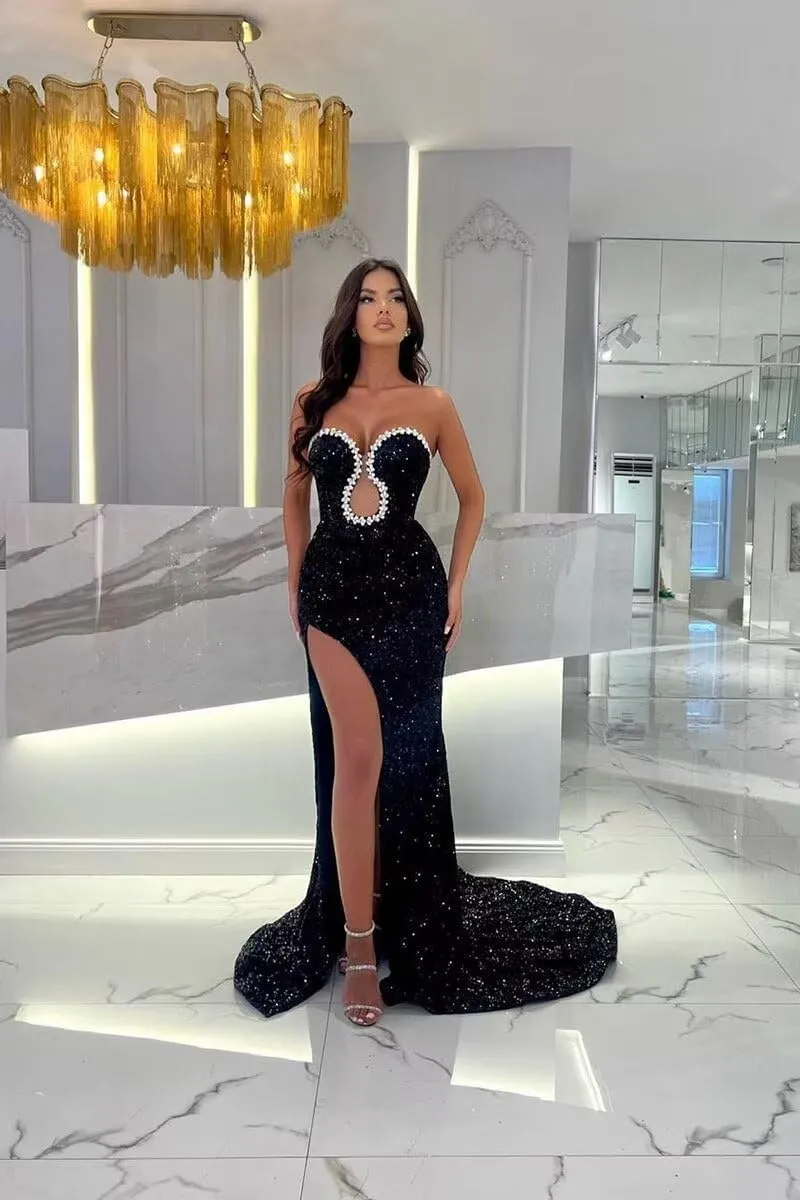 Sweetheart Beads Mermaid Prom Dresses 2024 Long Sparkly Sequin Split Bodycon Formal Evening Party Gowns with Train
