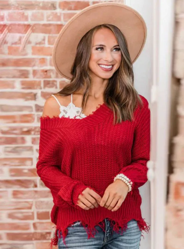 TastyHottie - OFF THE SHOULDER SWEATER FOR WOMEN FRINGE DISTRESSED KNITTED