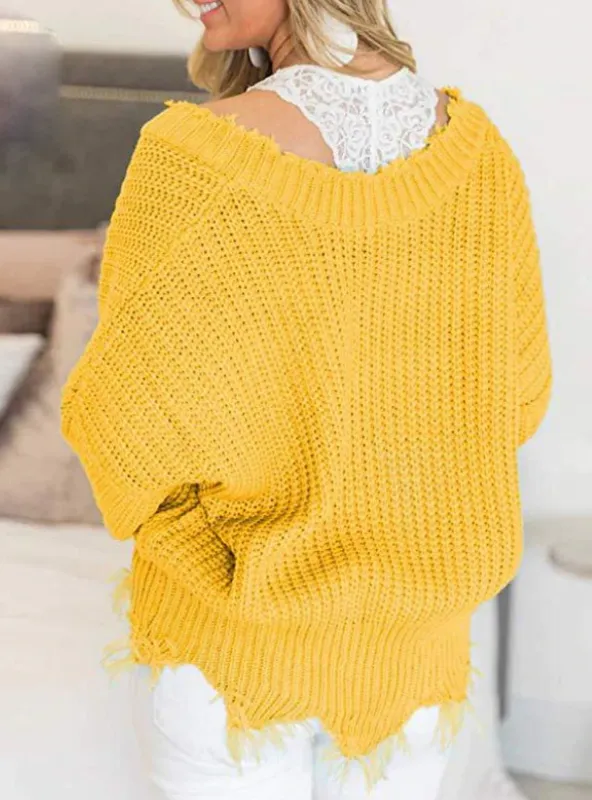 TastyHottie - OFF THE SHOULDER SWEATER FOR WOMEN FRINGE DISTRESSED KNITTED