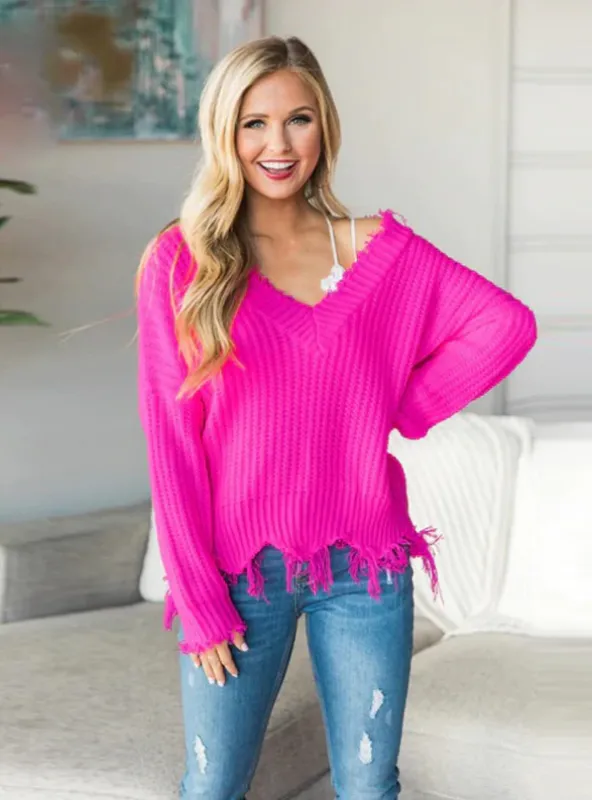 TastyHottie - OFF THE SHOULDER SWEATER FOR WOMEN FRINGE DISTRESSED KNITTED