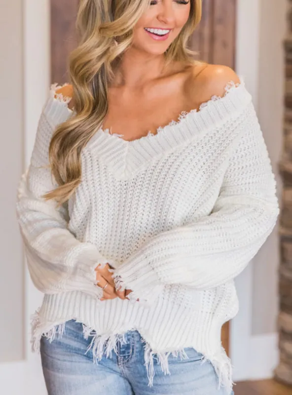 TastyHottie - OFF THE SHOULDER SWEATER FOR WOMEN FRINGE DISTRESSED KNITTED