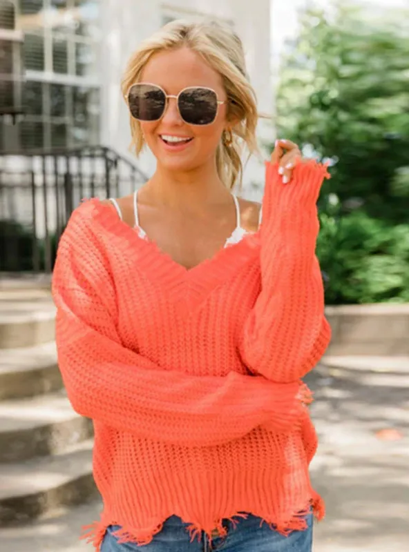 TastyHottie - OFF THE SHOULDER SWEATER FOR WOMEN FRINGE DISTRESSED KNITTED