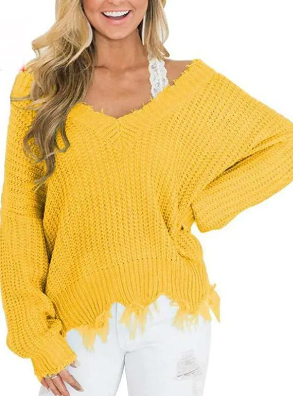TastyHottie - OFF THE SHOULDER SWEATER FOR WOMEN FRINGE DISTRESSED KNITTED