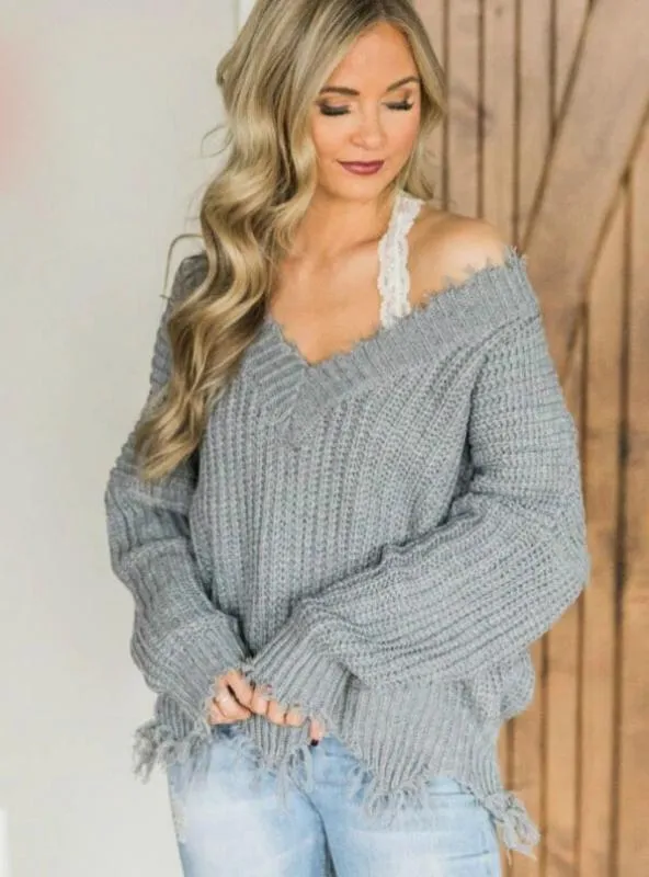 TastyHottie - OFF THE SHOULDER SWEATER FOR WOMEN FRINGE DISTRESSED KNITTED