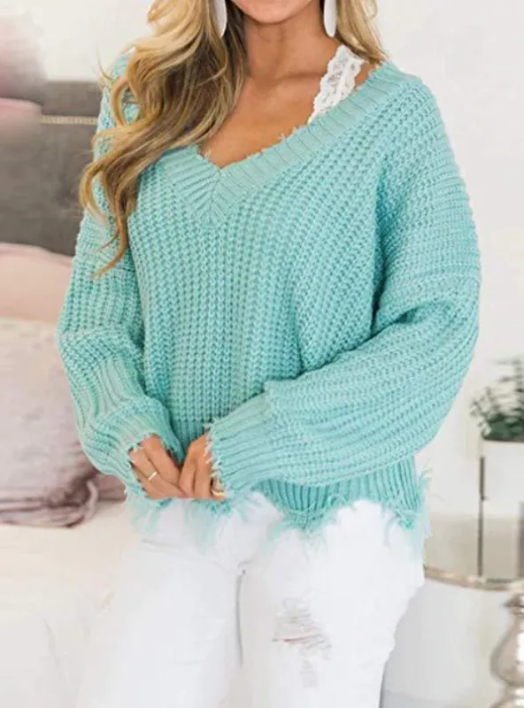 TastyHottie - OFF THE SHOULDER SWEATER FOR WOMEN FRINGE DISTRESSED KNITTED