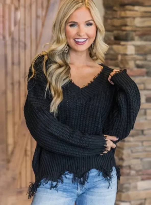 TastyHottie - OFF THE SHOULDER SWEATER FOR WOMEN FRINGE DISTRESSED KNITTED