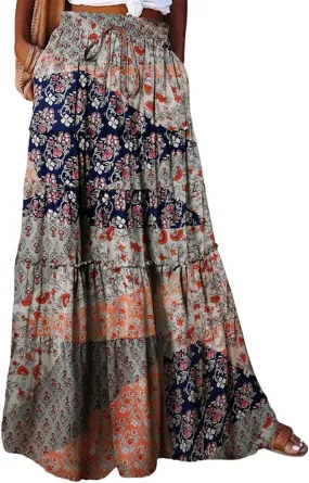 Trendy Women's Skirts, Casual Boho Vacation Summer Flowy Maxi Womens Skirts