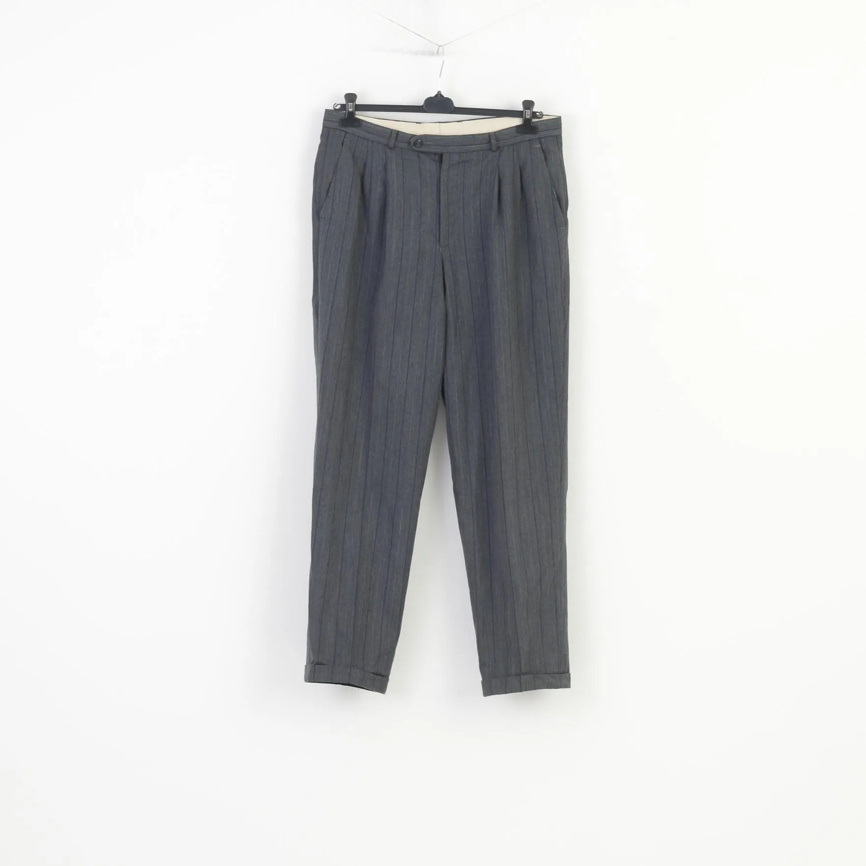 Trevira Men 36 Trousers Suit Pants Grey Striped Elegant Wool