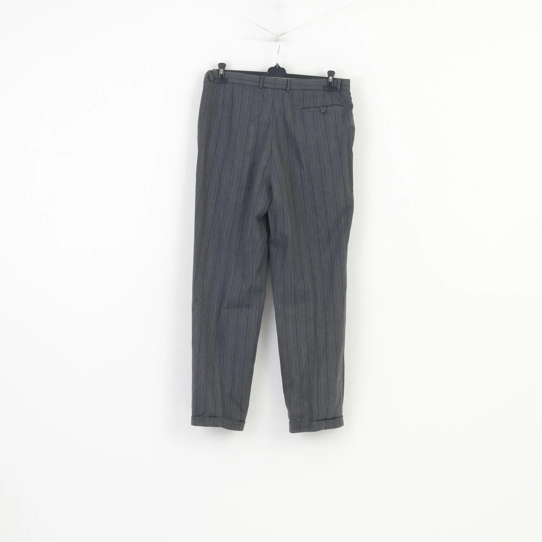 Trevira Men 36 Trousers Suit Pants Grey Striped Elegant Wool