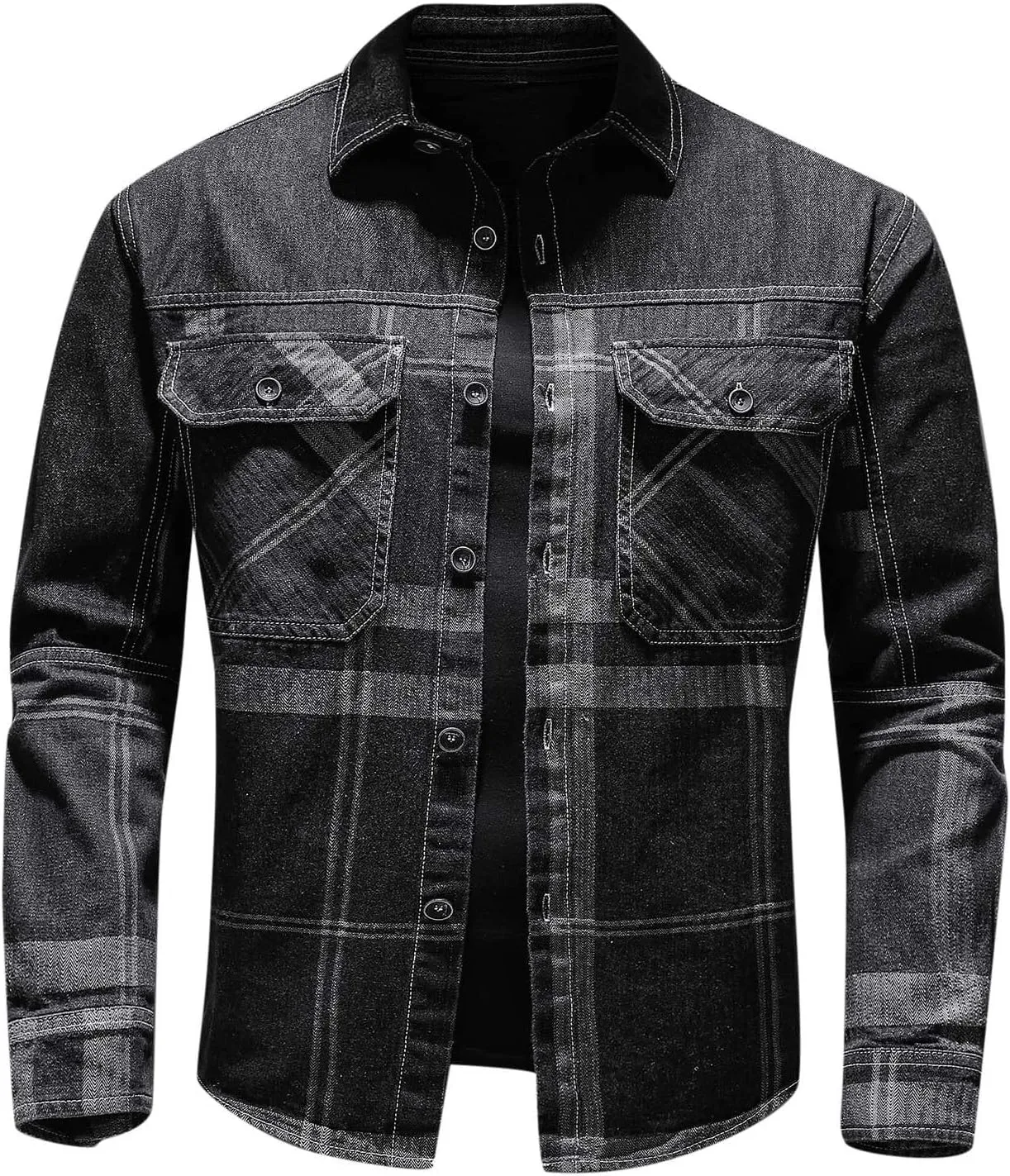 tuduoms Mens Big and Tall Denim Jacket Vintage Classic Distressed Plaid Jean Jacket Casual Ripped Slim Fit Trucker Denim Coat