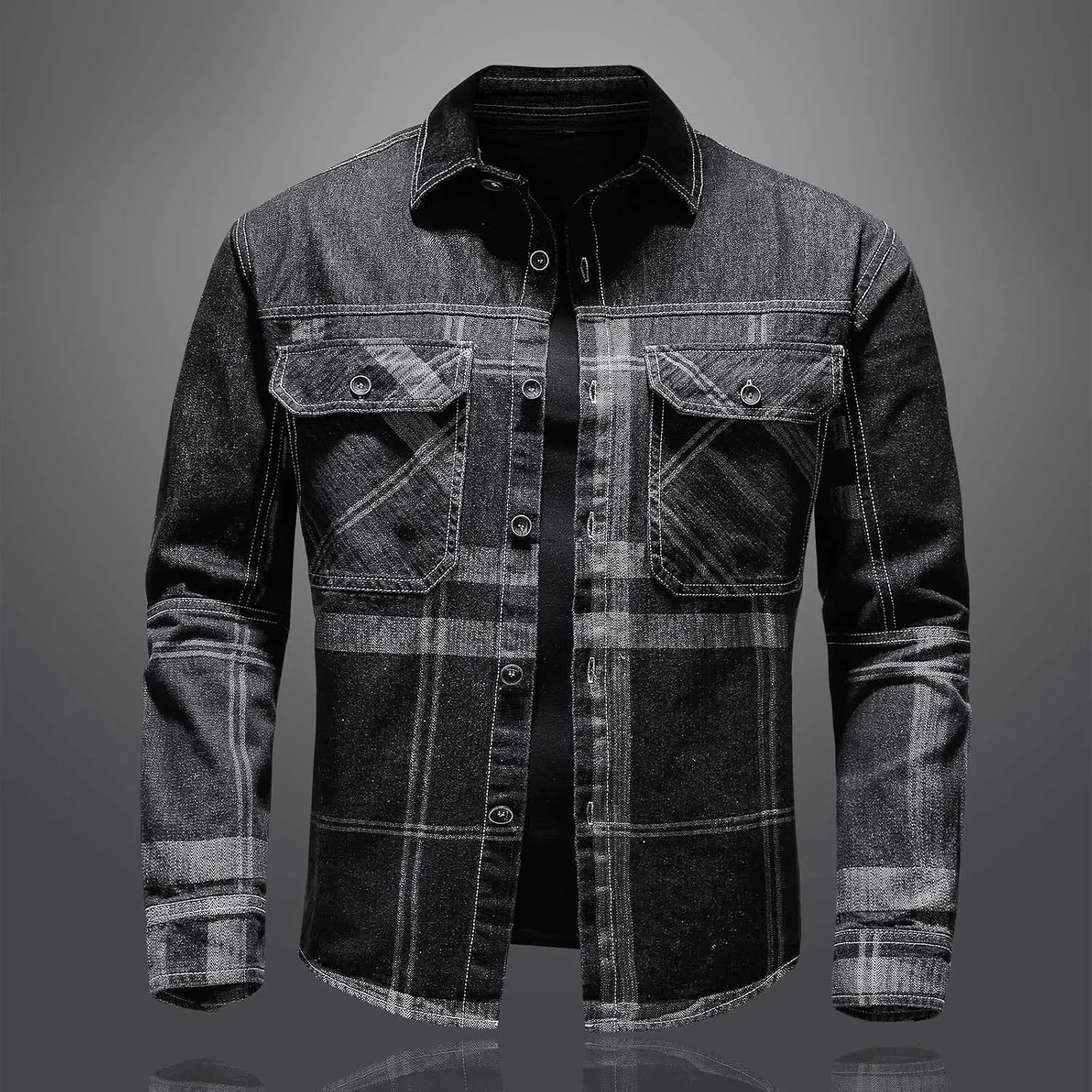 tuduoms Mens Big and Tall Denim Jacket Vintage Classic Distressed Plaid Jean Jacket Casual Ripped Slim Fit Trucker Denim Coat