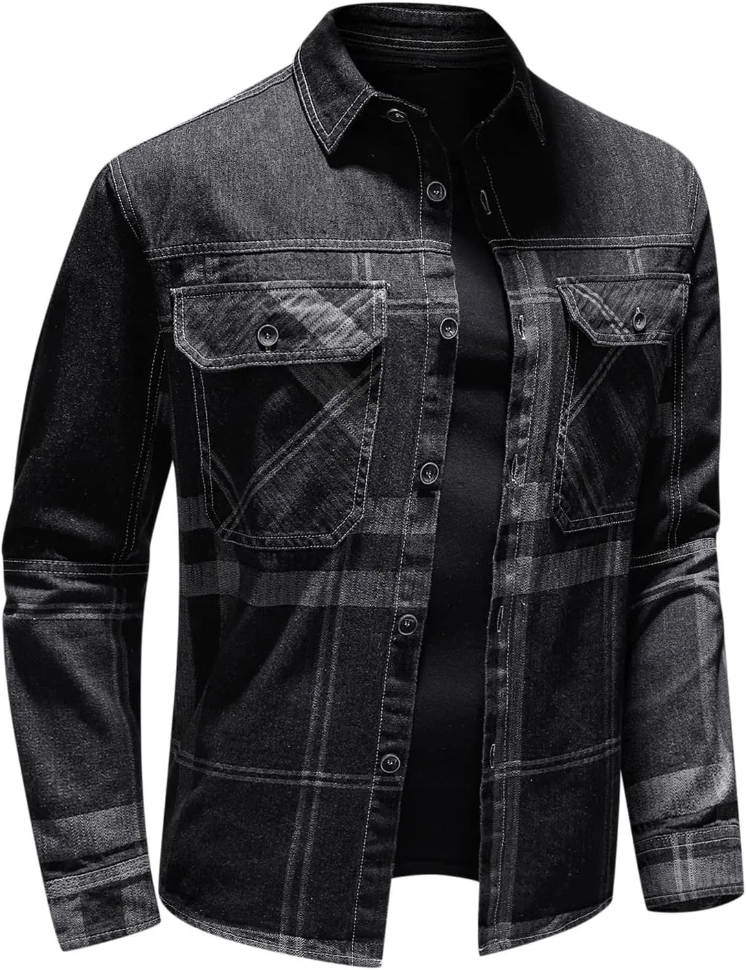 tuduoms Mens Big and Tall Denim Jacket Vintage Classic Distressed Plaid Jean Jacket Casual Ripped Slim Fit Trucker Denim Coat