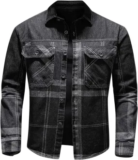 tuduoms Mens Big and Tall Denim Jacket Vintage Classic Distressed Plaid Jean Jacket Casual Ripped Slim Fit Trucker Denim Coat