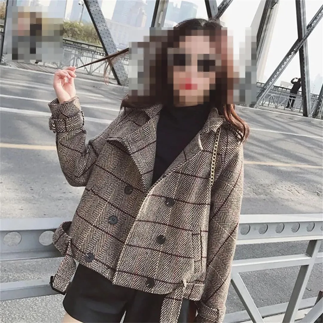 Vsadsau Women's Woolen Jacket Double Breasted Plaid Wool Blend Lapel Long Sleeve Jacket