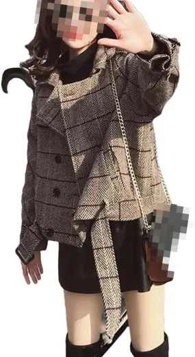 Vsadsau Women's Woolen Jacket Double Breasted Plaid Wool Blend Lapel Long Sleeve Jacket